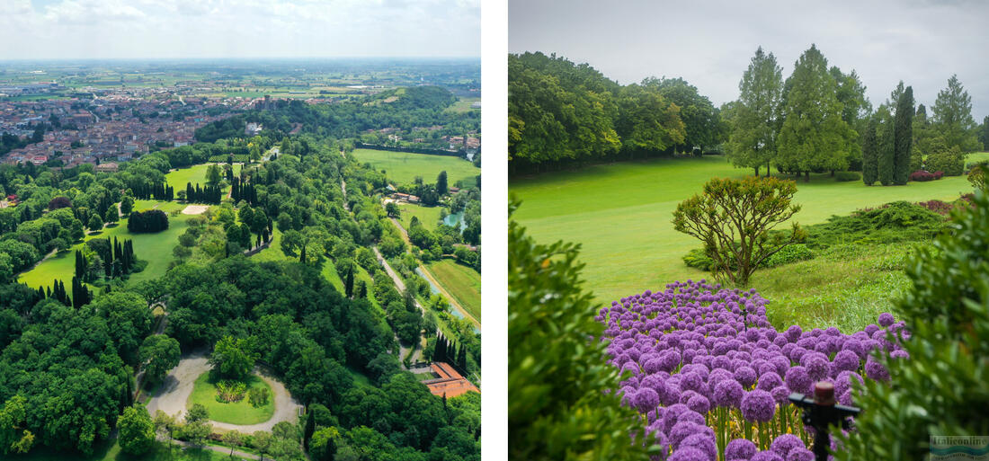 Blick von oben auf den Sigurtà-Park, im Hintergrund Valeggio sul Mincio. Frühlingsblumen im Sigurtà Park.