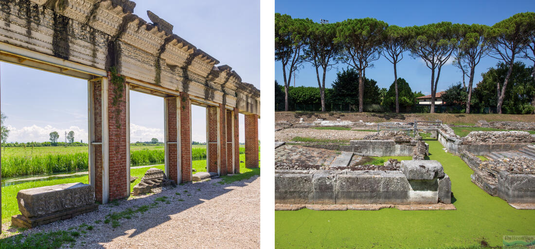 Links die Fassade des Hafens von Aquileia, rechts die Überreste der Lagerhäuser des Flusshafens