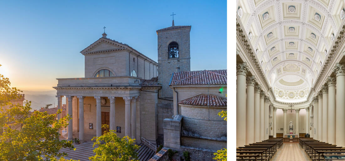 Basilica di San Marino bei Sonnenuntergang, rechts das Innere der Basilika